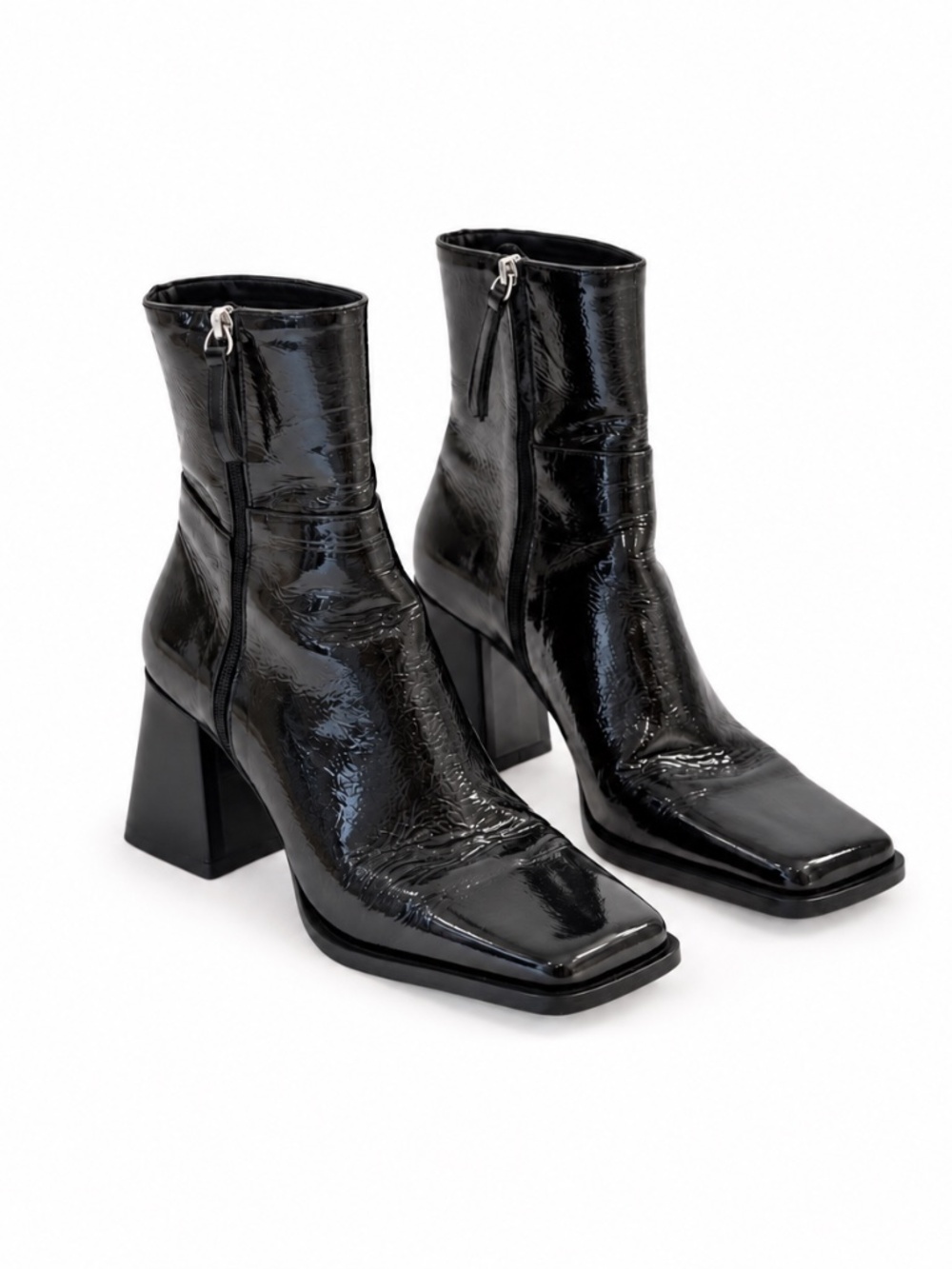 ALOHAS South Black Crinkled Patent Leather Square Toe Ankle Boots EU 38 US 7.5